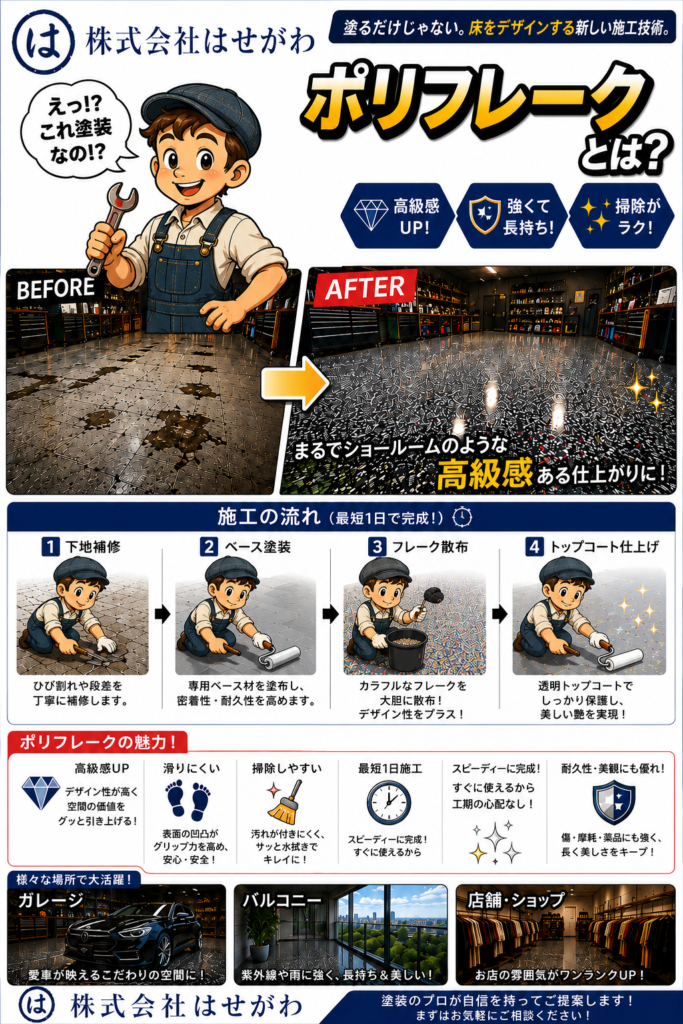 北九州のポリフレーク施工の流れ|Before After・床施工|株式会社はせがわ